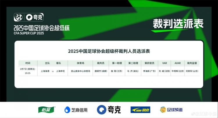 超级杯海港vs申花裁判员名单：主裁判唐顺齐，VAR刘威